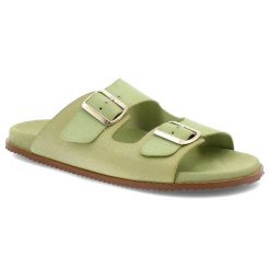 Klapki damskie HEE, na platformie skórzane z klamrami klasyczne, gruszowe, 25050. Zielone klapki Hee, bez wzorów, z zamszu, bez obcasa, na platformie. Za 249.00 zł.