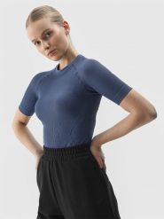 4F T-shirt slim bezszwowy gładki damski - granatowy M/L. Niebieskie t-shirty 4f, l, bez wzorów, z dzianiny, bez kołnierzyka, bez ramiączek. Za 29.99 zł.