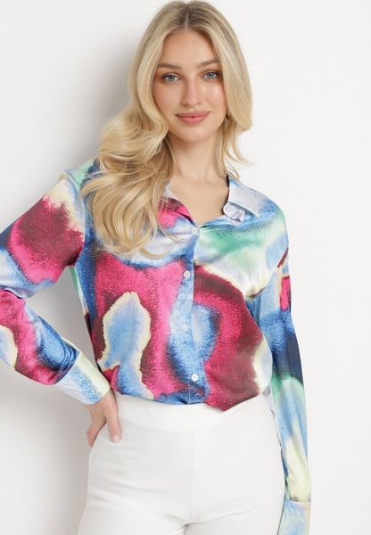 Niebiesko-Różowa Koszula w Abstrakcyjny Wzór Tie-Dye Ivarte. Niebieskie koszule Born2be, l, bez wzorów, z jeansu, eleganckie, bez kołnierzyka, bez ramiączek. Za 69.99 zł.