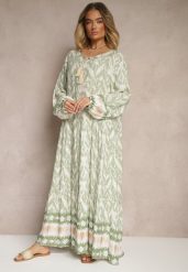 Zielona Wiskozowa Sukienka z Printem w Stylu Boho z Chwostami Erianea. Zielone sukienki Renee, na co dzień, l, bez wzorów, z wiskozy, boho, bez kołnierzyka, bez ramiączek, maxi, proste. Za 69.99 zł.