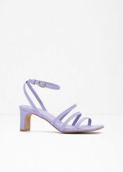 Sandały z paseczkami na wąskim obcasie. Fioletowe sandały bonprix, bez wzorów, bez obcasa, na obcasie, bez zapięcia. Za 124.99 zł.