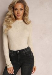 Beżowy Sweter z Golfem w Prążki Ozdobiony Guzikami Panve. Brązowe swetry Renee, z aplikacjami, z dzianiny, bez ramiączek. Za 59.99 zł.