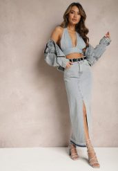 Jasnoniebieska Ołówkowa Spódnica Jeansowa z Ozdobnym Rozcięciem Lefrana. Niebieskie spódnice Renee, m, bez wzorów, z jeansu, eleganckie, maxi, dopasowane. Za 99.99 zł.