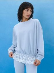 Prążkowana bluza crewneck loose fit z koronką - błękitny. Niebieskie bluzy Sinsay, l, bez wzorów, z koronki, bez kaptura. Za 49.99 zł.
