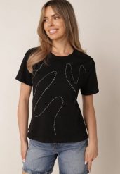 Czarny Bawełniany T-shirt Ozdobiony Cyrkoniami Monomene. Czarne t-shirty Born2be, m, z aplikacjami, z bawełny, bez kołnierzyka, bez ramiączek. Za 59.99 zł.