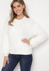 Biały Sweter z Wełną o Wzorzystym Splocie z Ozdobną Fakturą Mirilena. Białe swetry Born2be, s, bez wzorów, z wełny, bez ramiączek. Za 64.99 zł.
