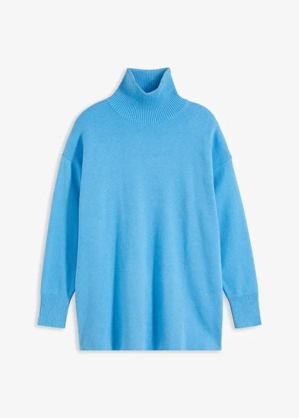 Sweter z prążkowanej czystej bawełny. Niebieskie swetry bonprix, bez wzorów, z bawełny, bez ramiączek. Za 149.99 zł.