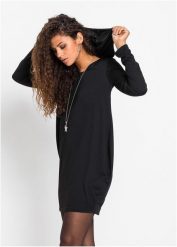 Sukienka z dżerseju z kapturem. Czarne sukienki bonprix, bez wzorów, z dżerseju, eleganckie, bez kołnierzyka, bez ramiączek. Za 47.99 zł.