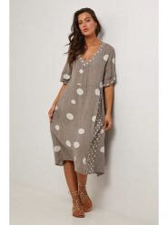 Le Monde du Lin Lniana sukienka w kolorze beżowym rozmiar: 34/36. Brązowe sukienki Le Monde du Lin, na co dzień, bez wzorów, ze lnu, klasyczne, bez kołnierzyka, bez ramiączek, midi, proste. Za 173.99 zł.