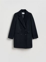Płaszcz z dodatkiem wełny - granatowy. Niebieskie płaszcze Reserved, l, bez wzorów, z tkaniny, bez kaptura. Za 279.99 zł.