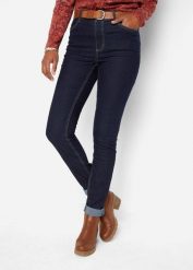 Jegginsy high-waist z wygodnym pasem. Niebieskie jeansy bonprix, bez wzorów, z podwyższonym stanem. Za 109.99 zł.