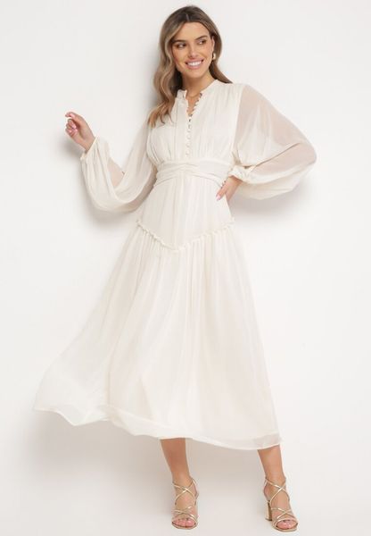 Jasnobeżowa Długa Sukienka Koktajlowa w Stylu Retro z Plisami i Stójką Leowia. Brązowe sukienki Born2be, l, bez wzorów, retro, bez kołnierzyka, bez ramiączek, maxi. Za 99.99 zł.