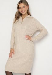 Jasnobeżowa Sukienka z Bawełną i Wełną z Kołnierzykiem na Suwak Tereithra. Brązowe sukienki Born2be, na co dzień, bez wzorów, z bawełny, eleganckie, bez kołnierzyka, bez ramiączek, midi, proste. Za 74.99 zł.