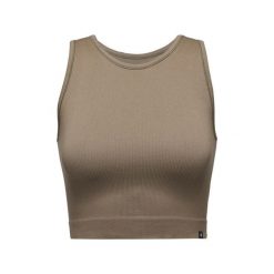 Bezszwowy, prążkowany top damski Black Diamond. Brązowe topy Black Diamond, bez wzorów, prążkowane, bez kołnierzyka, bez ramiączek. Za 241.50 zł.