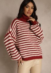 Bordowy Golf z Dodatkiem Wełny Ozdobiony Paskami Monarria. Czerwone golfy Renee, bez wzorów, z jeansu, bez ramiączek. Za 169.99 zł.