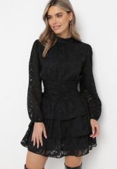 Czarna Taliowana Sukienka Mini Koronkowa z Falbankami Ciluna. Czarne sukienki Born2be, na imprezę, l, bez wzorów, z koronki, bez kołnierzyka, bez ramiączek, mini. Za 139.99 zł.