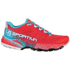 Techniczne kapcie La Sportiva Akasha II do biegania wytrzymałościowego. Czerwone obuwie domowe La Sportiva, bez wzorów, z materiału, bez zapięcia. Za 818.35 zł.