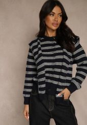 Granatowy Kardigan z Dodatkiem Wełny Zdobiony Wzorem w Paski i Narzutką Fedira. Niebieskie kardigany Renee, z aplikacjami, z jeansu. Za 119.99 zł.