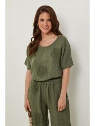 Rodier Lin Lniana koszulka w kolorze khaki rozmiar: XL/XXL. Brązowe bluzki Rodier Lin, xl, bez wzorów, ze lnu, bez kołnierzyka, bez ramiączek. Za 123.25 zł.