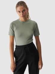 4F T-shirt slim crop-top gładki damski - khaki L. Brązowe t-shirty 4f, l, bez wzorów, z dzianiny, bez kołnierzyka, bez ramiączek. W wyprzedaży za 29.99 zł.