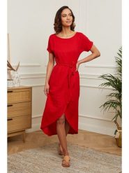 Le Monde du Lin Lniana sukienka w kolorze czerwonym rozmiar: 36/38. Czerwone sukienki Le Monde du Lin, bez wzorów, ze lnu, z asymetrycznym kołnierzem, bez ramiączek, midi, asymetryczne. Za 130.99 zł.