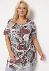 Ciemnoróżowa Elastyczna Bluzka z Krótkim Rękawem z Oryginalnym Nadrukiem i Klamrą Dordria. Czerwone bluzki Born2be, m, bez wzorów, bez kołnierzyka, bez ramiączek. Za 44.99 zł.