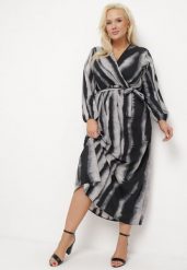 Czarno-Szara Rozkloszowana Sukienka Kopertowa Maxi z Paskiem w Talii Ilunita. Czarne sukienki Born2be, l, bez wzorów, bez kołnierzyka, bez ramiączek, maxi, kopertowe. Za 99.99 zł.
