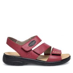 Sandały Rieker. Czerwone sandały Rieker, bez wzorów, bez obcasa, na płaskiej podeszwie, bez zapięcia. Za 259.99 zł.