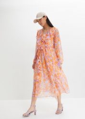 Sukienka szyfonowa z falbanami. Brązowe sukienki bonprix, bez wzorów, z szyfonu, eleganckie, bez kołnierzyka, bez ramiączek. Za 99.99 zł.