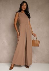 Ciemnobeżowy Taliowany Kombinezon Ozdobiony Zakładkami Berinola. Brązowe sukienki Renee, l, bez wzorów, eleganckie, bez kołnierzyka, bez ramiączek, oversize. Za 149.99 zł.