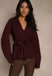 Bordowy Kardigan z Wiskozą Ozdobiony w Pasie Wiązaniem Tusllima. Czerwone kardigany Renee, bez wzorów, z jeansu. Za 119.99 zł.