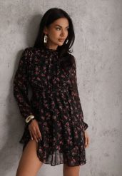 Czarna Sukienka Rozkloszowana w Kropki i Kwiatowy Print z Falbanami Ediannela. Czarne sukienki Renee, na imprezę, na lato, m, bez wzorów, z poliesteru, eleganckie, bez kołnierzyka, bez ramiączek, mini, rozkloszowane. Za 149.99 zł.