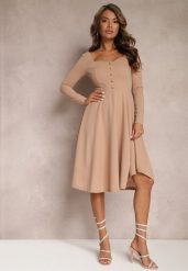 Beżowa Sukienka Midi o Rozkloszowanym Fasonie z Ozdobnymi Guzikami Gerdalia. Brązowe sukienki Renee, s, bez wzorów, eleganckie, bez kołnierzyka, bez ramiączek, midi, rozkloszowane. Za 119.99 zł.