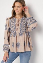 Brązowa Rozkloszowana Bluzka Boho z Wiskozą Zdobiona Haftami i Wiązaniem Nilnella. Brązowe bluzki Born2be, m, z aplikacjami, z wiskozy, boho, bez kołnierzyka, bez ramiączek. W wyprzedaży za 101.99 zł.