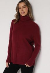 Bordowy Sweter z Golfem i Dodatkiem Kaszmiru Rorizia. Czerwone golfy Born2be, z aplikacjami, z jeansu, bez ramiączek. Za 119.99 zł.