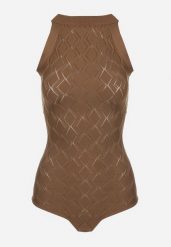 Ciemnobrązowe Body z Wiskozy o Tłoczonej Fakturze Idolina. Brązowe body Born2be, s, bez wzorów, z jeansu. Za 119.99 zł.