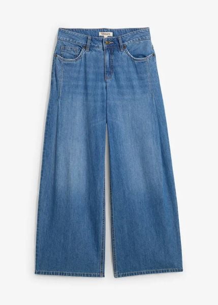 Dżinsy wide leg, mid waist. Niebieskie jeansy bonprix, bez wzorów. Za 169.99 zł.