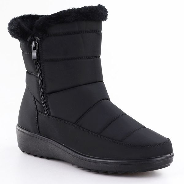 Śniegowce damskie z futerkiem czarne Unisoft 8000. Czarne botki Unisoft, bez wzorów, z materiału, bez obcasa, bez zapięcia. Za 129.99 zł.