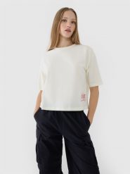 4F T-shirt oversize z nadrukiem damski - biały M. Białe t-shirty 4f, m, bez wzorów, z bawełny, bez kołnierzyka, bez ramiączek. W wyprzedaży za 39.99 zł.