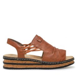 Sandały Rieker. Brązowe sandały Rieker, bez wzorów, bez obcasa, na koturnie, bez zapięcia. Za 239.99 zł.