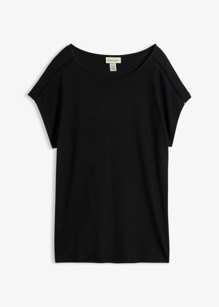 T-shirt z drabinkową koronką. Czarne t-shirty bonprix, bez wzorów, z koronki, bez kołnierzyka, bez ramiączek. Za 69.99 zł.