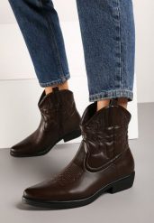 Brązowe Casualowe Botki Kowbojki z Ozdobnym Haftem i Płaskim Obcasem Ravindora. Brązowe botki Renee, bez wzorów, z jeansu, bez obcasa, na obcasie, bez zapięcia. Za 139.99 zł.