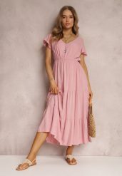 Różowa Sukienka z Wiskozy o Rozkloszowanym Kroju z Falbanami Jonmy. Czerwone sukienki Renee, na spotkanie biznesowe, na lato, l, z aplikacjami, z wiskozy, eleganckie, bez kołnierzyka, bez ramiączek, midi, rozkloszowane. Za 49.99 zł.