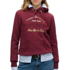 Damska bluza z kapturem z metalicznym logo Superdry Luxe. Czerwone bluzy Superdry, xl, bez wzorów, z bawełny, z kapturem. Za 376.65 zł.