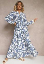 Niebieska Rozkloszowana Sukienka z Wiskozą Wiązana przy Dekolcie w Roślinny Print Koriselle. Niebieskie sukienki Renee, na co dzień, l, bez wzorów, z wiskozy, eleganckie, bez kołnierzyka, bez ramiączek, maxi, rozkloszowane. Za 124.99 zł.