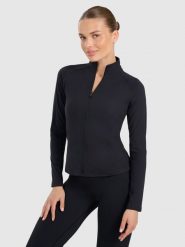 4F Bluza treningowa slim szybkoschnąca damska - czarna L. Czarne bluzy 4f, l, bez wzorów, z materiału, bez kaptura. Za 179.99 zł.