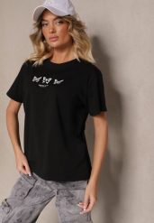 Czarna Bawełniana Bluzka T-shirt Oversize z Aplikacją w Kształcie Motyli Elmaris. Czarne bluzki Renee, m, z aplikacjami, z bawełny, bez kołnierzyka, bez ramiączek. Za 29.99 zł.