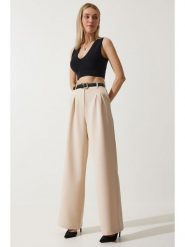 Happiness Istanbul Spodnie w kolorze kremowym rozmiar: 38. Brązowe spodnie materiałowe Happiness Istanbul, na co dzień, bez wzorów, z materiału, z podwyższonym stanem. Za 78.99 zł.