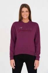 GUESS Bordowa damska bluza z cyrkoniami, Rozmiar L. Czerwone bluzy sportowe Guess, l, z aplikacjami, bez kaptura. W wyprzedaży za 269.99 zł.