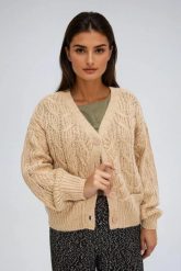 Kardigan z dekoltem w serek beżowy. Brązowe kardigany MOODO, l, bez wzorów. Za 139.99 zł.